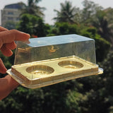 2 Cavity Cupcake & Pastry Container | Cupcake Display Container | Gold Base with Clear Lid | Pack of 25