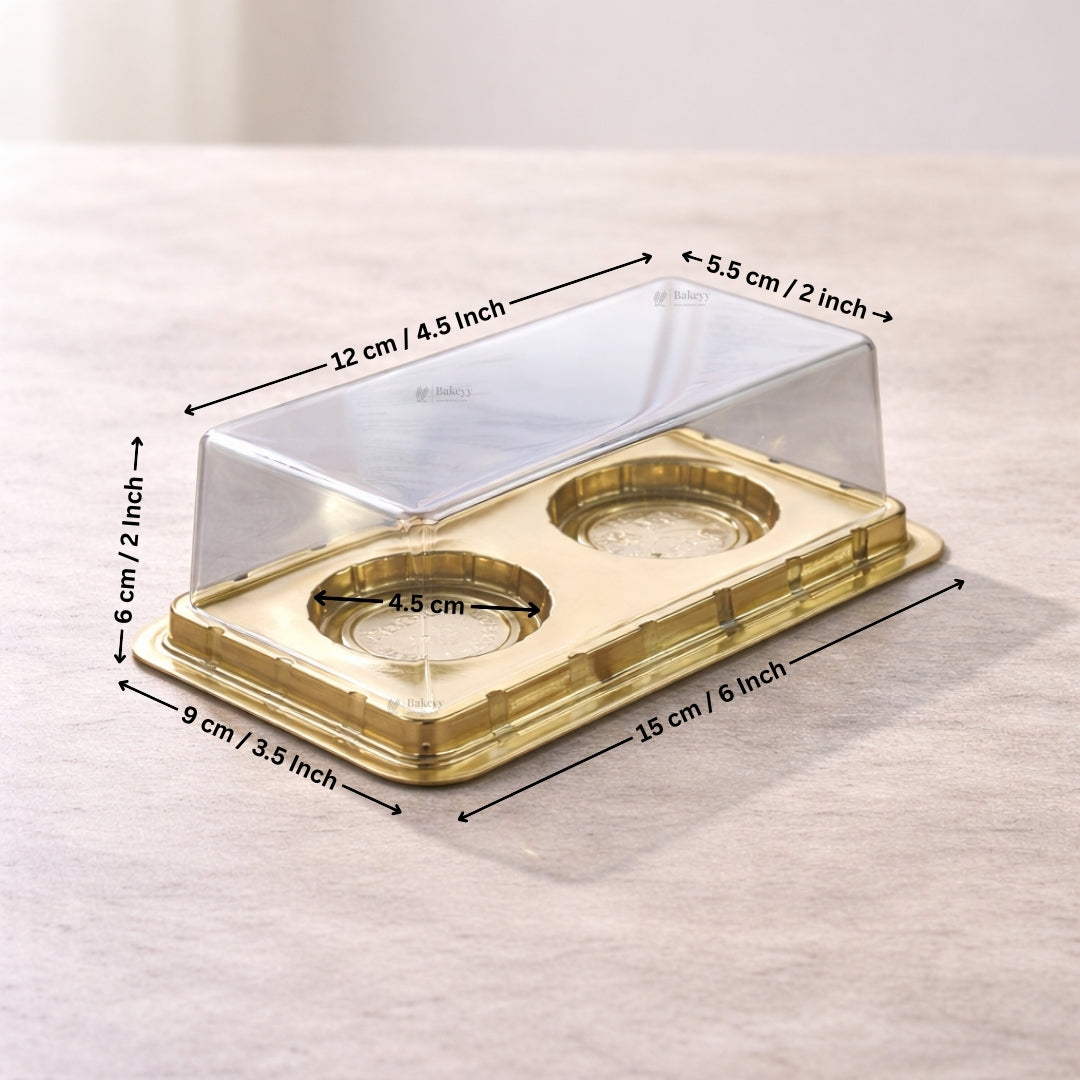 2 Cavity Cupcake & Pastry Container | Cupcake Display Container | Gold Base with Clear Lid | Pack of 25