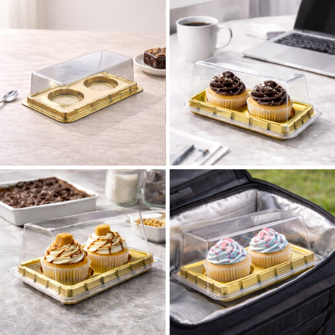 2 Cavity Cupcake & Pastry Container | Cupcake Display Container | Gold Base with Clear Lid | Pack of 25