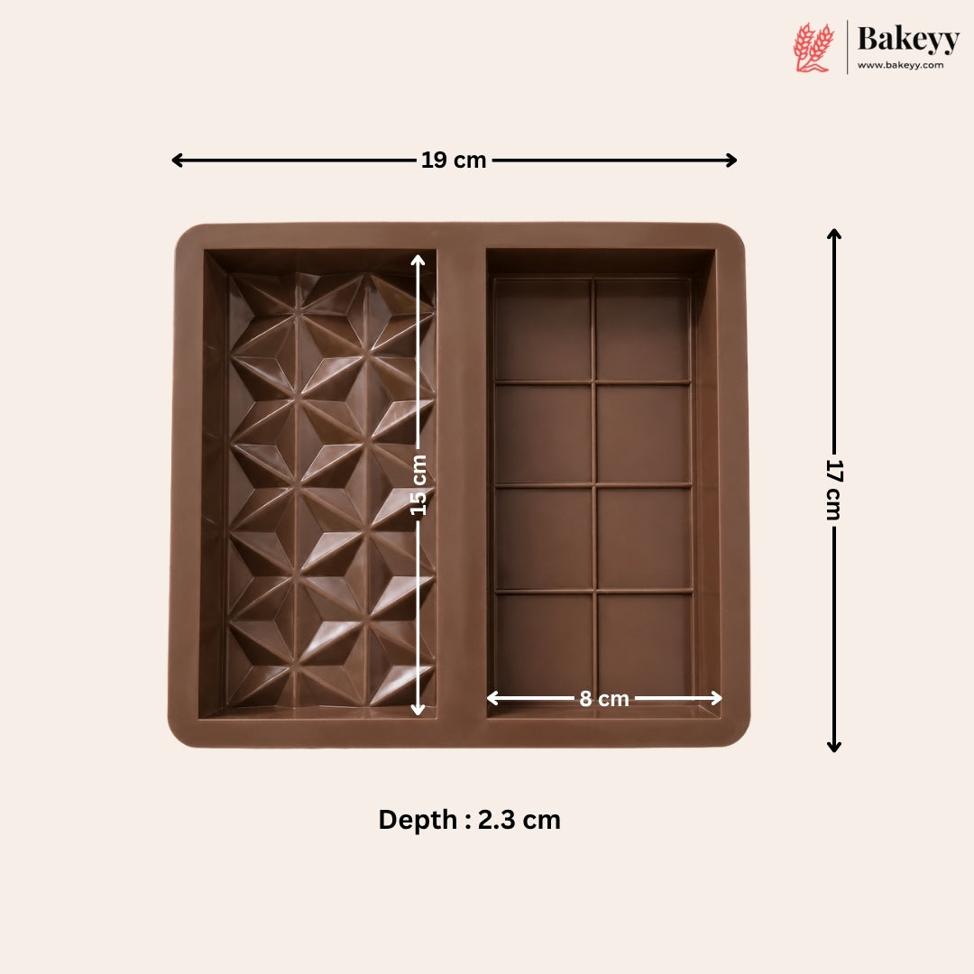 Silicone chocolate mold with geometric patterns and measurements on a beige background, branded 'Bakeyy'.