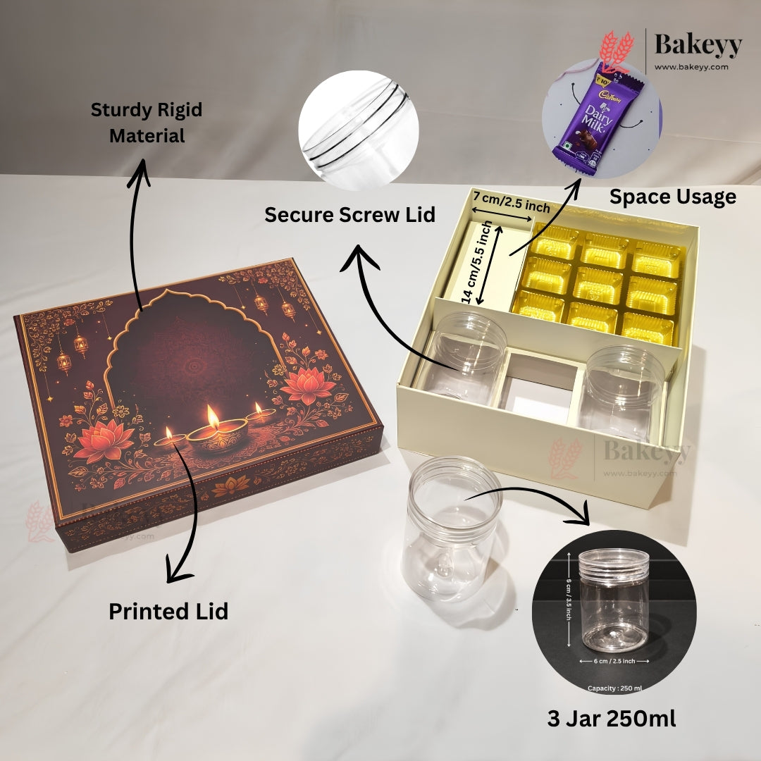 A bakery gift box set shown on a white surface with callout arrows and labels. The set includes a decorative printed lid, an open cream-colored box with compartments, clear plastic jars, and a small inset showing packaged sweets.