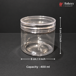 A clear plastic cylindrical storage jar with a screw-top lid, shown on a dark background with overlaid dimension arrows and text indicating 8 cm / 3 inch diameter and 400 ml capacity. The Bakeey logo appears in the top right corner.