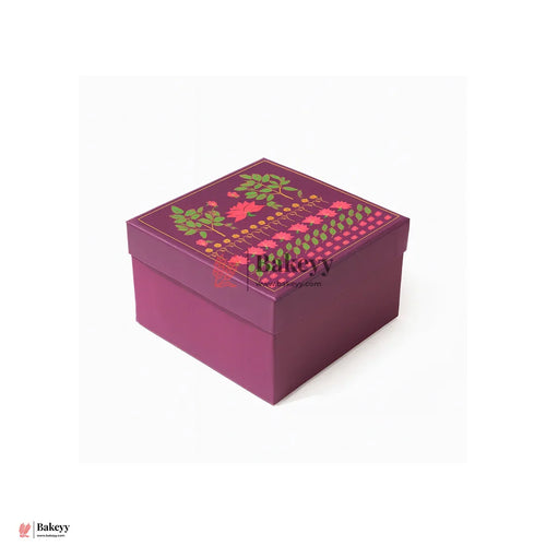 Floral Printed Premium Square Gift Box – Purple | Reusable Rigid Hamper Packaging | Pack Of 1 - Bakeyy.com - India - Floral Printed Premium Square Gift Box – Purple | Reusable Rigid Hamper Packaging | Pack Of 1 - 6x6x4 Inch