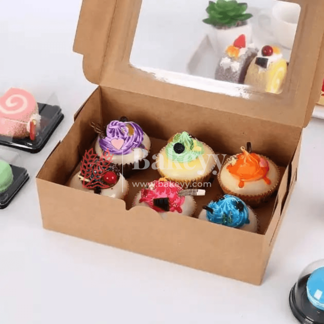 6 Cavity Kraft Cupcake Box | Pack Of 10 | - Bakeyy.com - India - 6 Cavity Kraft Cupcake Box | Pack Of 10 | - Pack of 10