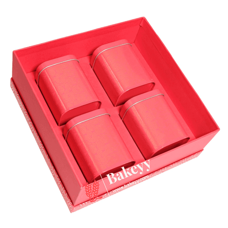 Rigid Gift Box with 4 Tin Boxes | Hamper Box | Square Shape | - Bakeyy.com - India - Rigid Gift Box with 4 Tin Boxes | Hamper Box | Square Shape | - Red