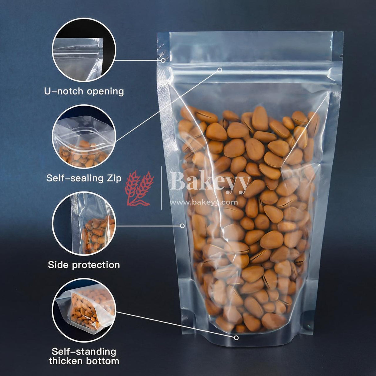 1 Kg | Zip Lock Pouch | Clear Stand-up Pouch | 17x26.5 CM | Standing Pouch | 110 GSM | - Bakeyy.com - India - 1 Kg | Zip Lock Pouch | Clear Stand-up Pouch | 17x26.5 CM | Standing Pouch | 110 GSM | - Pack Of 50 / 17x26.5 cm / 1 Kg