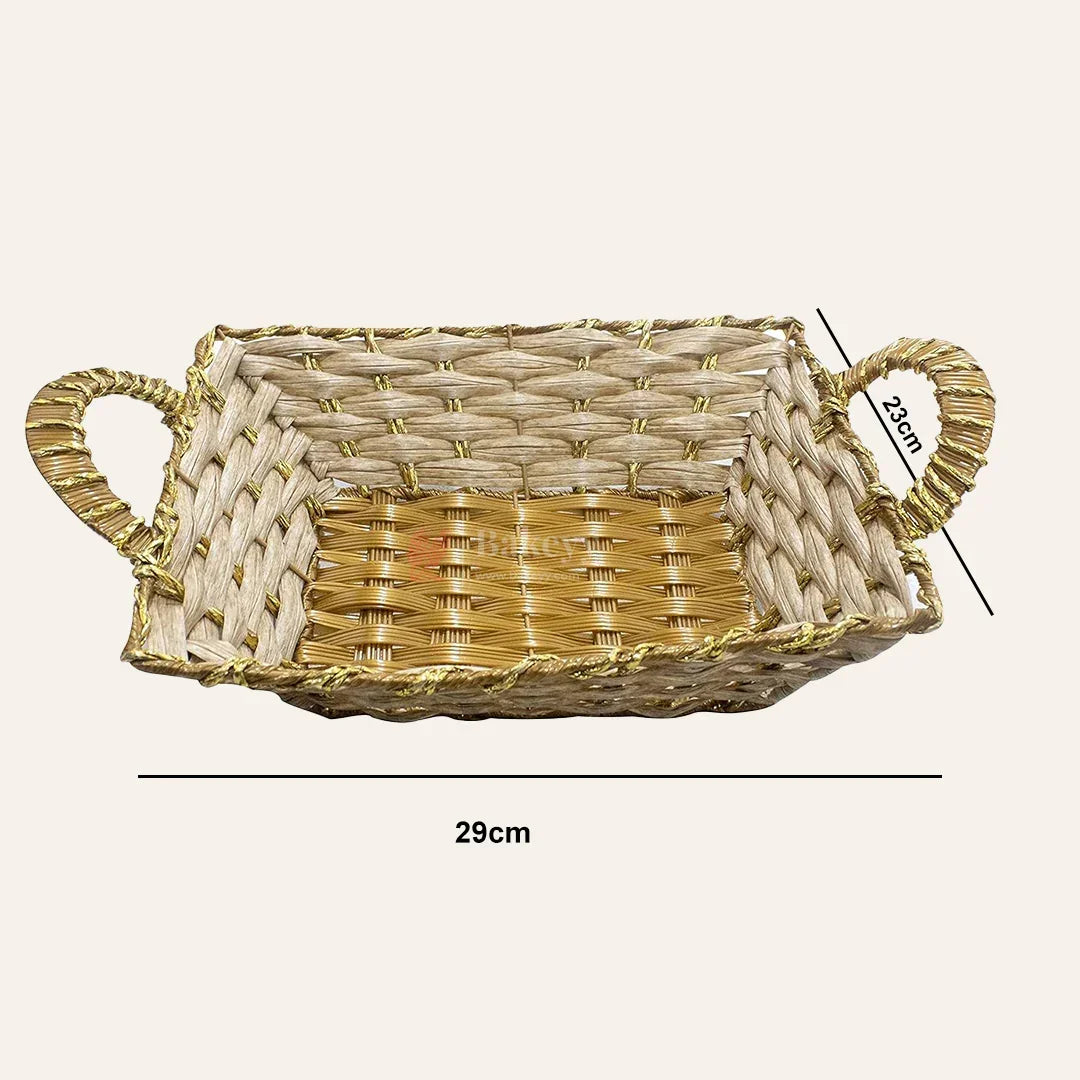 Rustic Handwoven Rectangle Basket with Handles & Golden Border – Decorative Storage & Serving Tray - Bakeyy.com - India - Rustic Handwoven Rectangle Basket with Handles & Golden Border – Decorative Storage & Serving Tray - Default Title