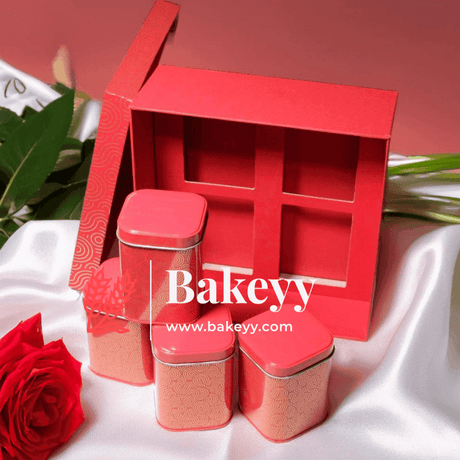 Rigid Gift Box with 4 Tin Boxes | Hamper Box | Square Shape | - Bakeyy.com - India - Rigid Gift Box with 4 Tin Boxes | Hamper Box | Square Shape | - Blue