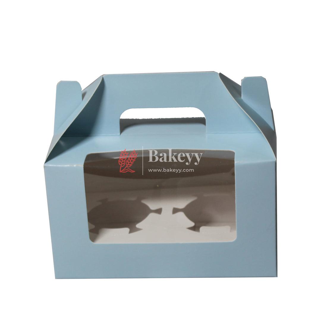 2-Cupcak Box with Handle | Sky Blue Colour | With Front Window | - Bakeyy.com - India - 2-Cupcak Box with Handle | Sky Blue Colour | With Front Window | - Pack of 10