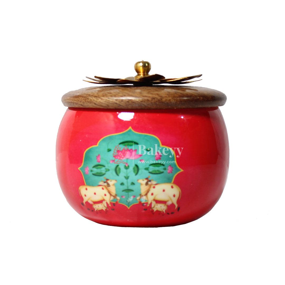 Red Handcrafted Decorative Jar with Floral Wooden Lid (Pack Of 1)