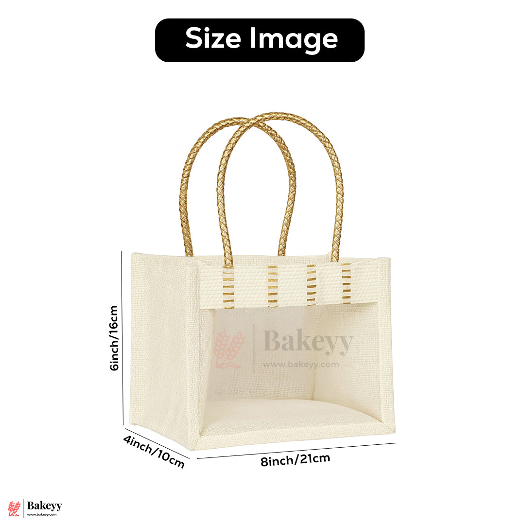 21x10x16 CM | Cream 2 Jar Ethnic Jute Gift Bag with Front Window & Golden Handle – 1 Piece