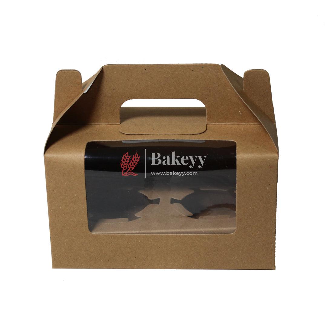 2 Kraft Cupcake Box with Handle | With Front Window | - Bakeyy.com - India - 2 Kraft Cupcake Box with Handle | With Front Window | - Pack of 10