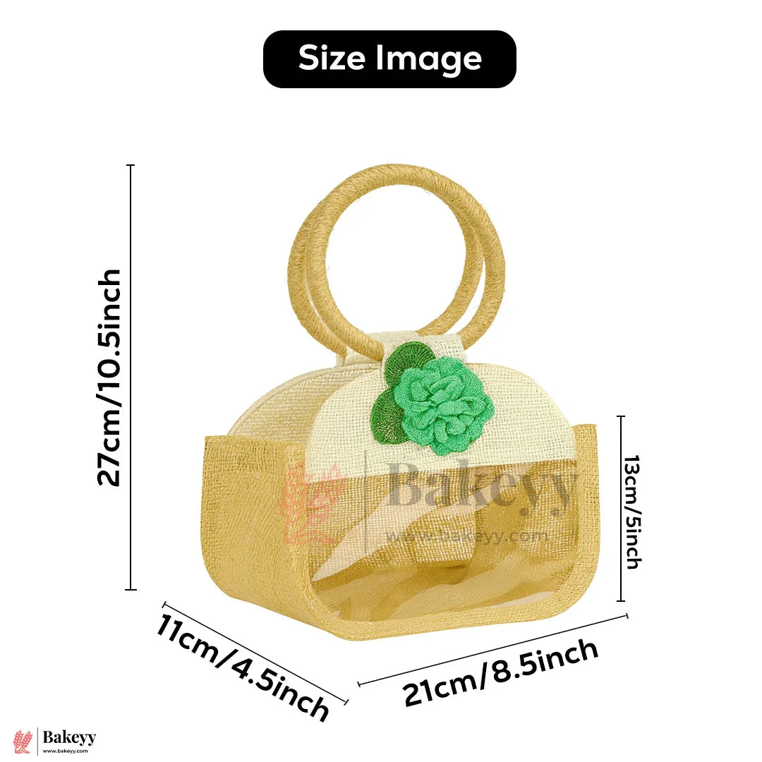 21x11x27 CM | Beige & Cream 2 Jar Jute Gift Bag with Floral Accent & Transparent Window – Eco-Friendly Hamper Bag
