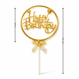 8.5 Inch | Metallic Gold Happy Birthday Cake Topper with Ribbon | Metallic Gold | 1 Piece