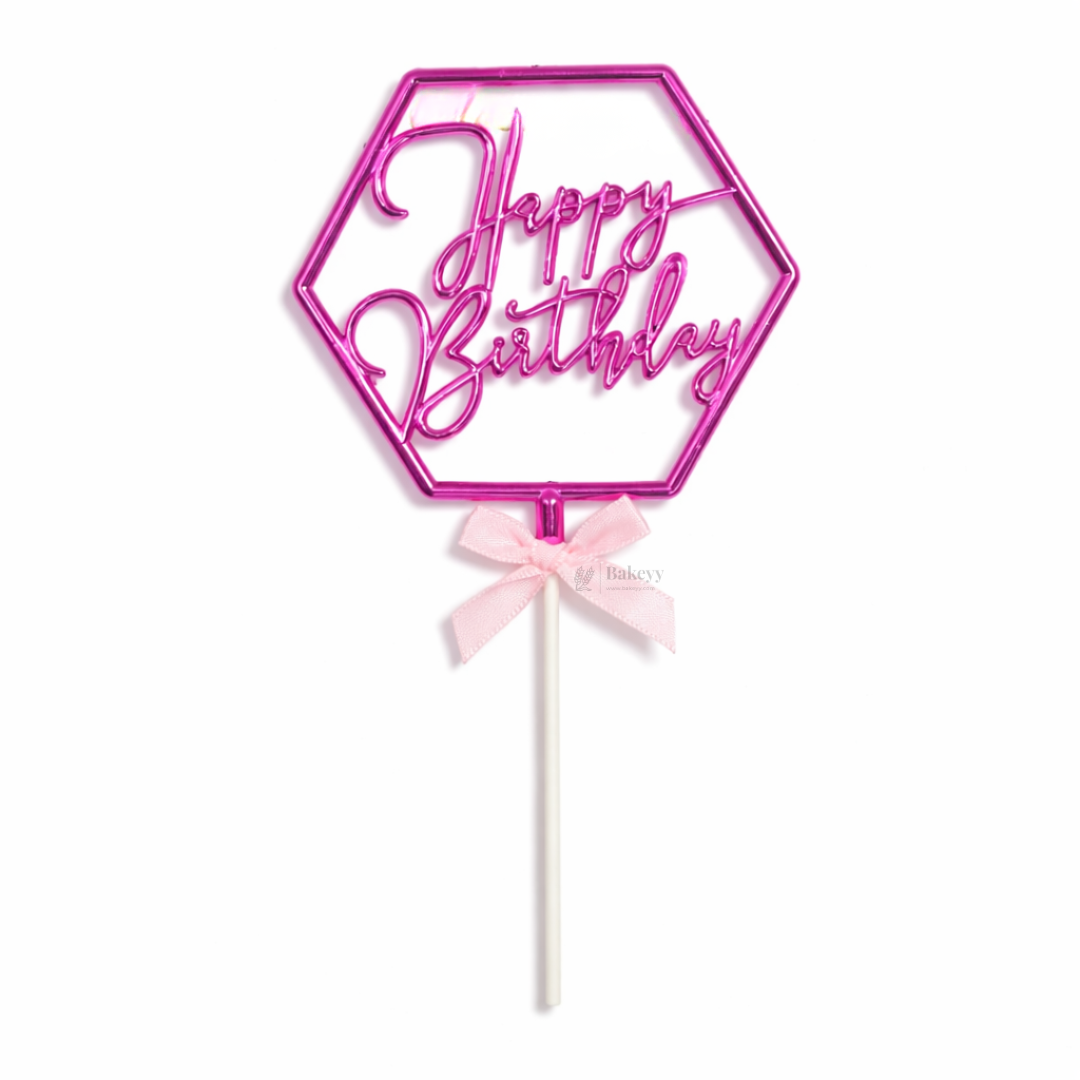 8.5 Inch | Metallic Pink Happy Birthday Cake Topper with Ribbon | Metallic Pink | 1 Piece