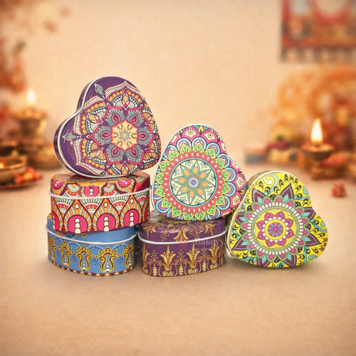Decorative heart-shaped and round gift boxes with mandala designs for bakery packaging from Bakeyy.com.