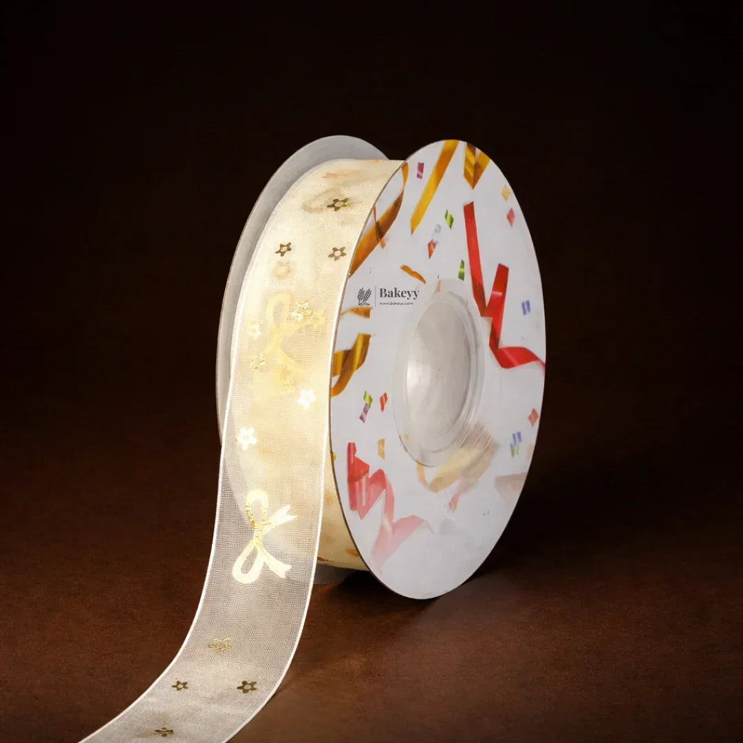 Decorative Organza Ribbon Rolls with Gold Foil Prints | Multiple Designs Options | Pack of 1 - Bakeyy.com - India - Decorative Organza Ribbon Rolls with Gold Foil Prints | Multiple Designs Options | Pack of 1 - Design 5 190.00