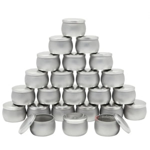 Stack of small silver aluminum jars with lids, perfect for baking supplies at Bakeyy.com