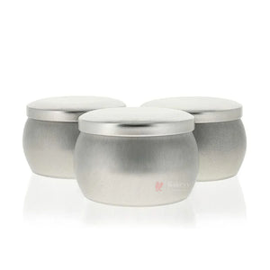 Set of three round metal storage tins with lids, ideal for bakery packaging from Bakeyy.com