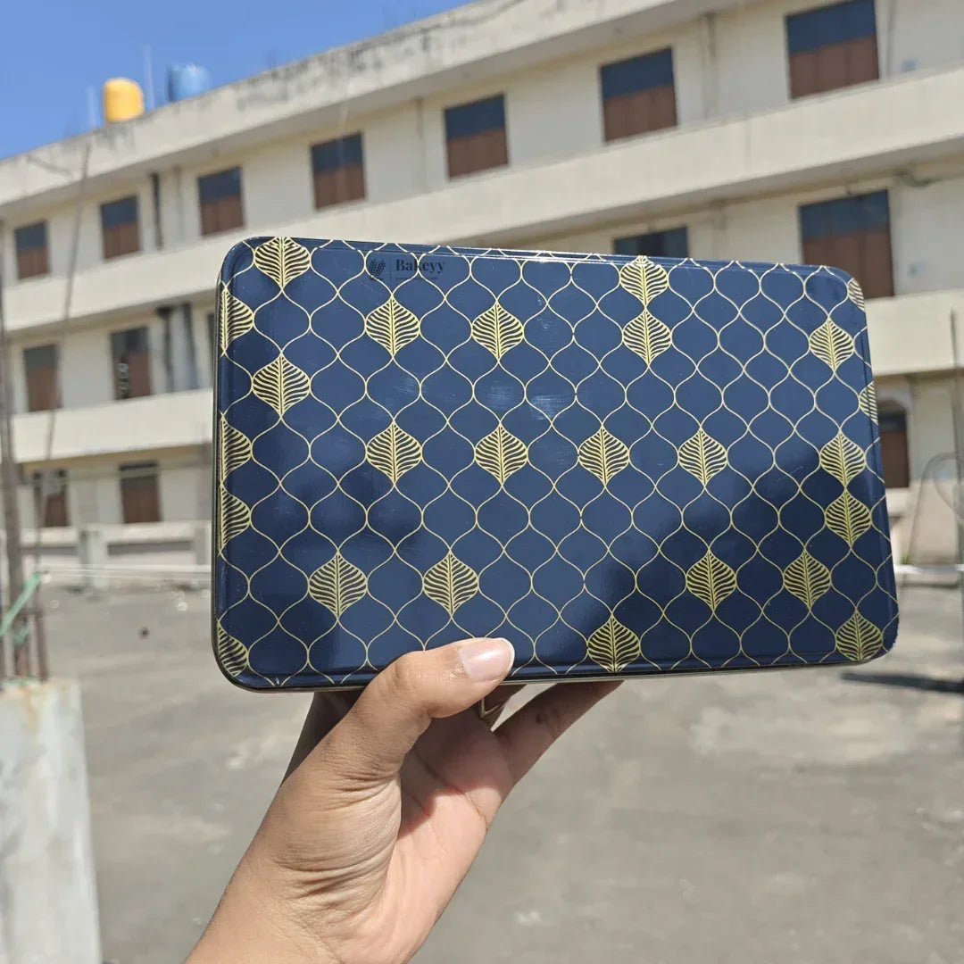 Premium Navy Blue & Gold Metal Gift Tin Box – Elegant Reusable Packaging | Pack of 1 - Bakeyy.com - India - Premium Navy Blue & Gold Metal Gift Tin Box – Elegant Reusable Packaging | Pack of 1 - 7x5.5x2 Inch 125.00
