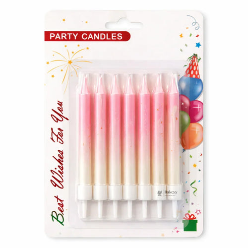 Bakeyy party candles pack with pink gradient candles, festive balloons and confetti design