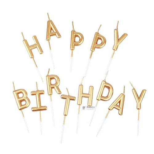 Gold 'Happy Birthday' letter candles for cakes, wholesale baking supplies at Bakeyy.com