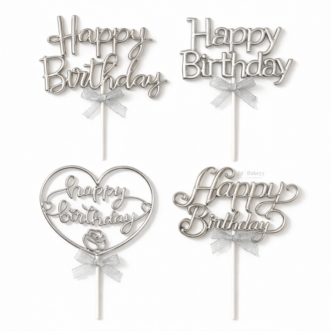 8.5 Inch | Metallic Silver Happy Birthday Cake Topper with Ribbon | Metallic Silver | 1 Piece