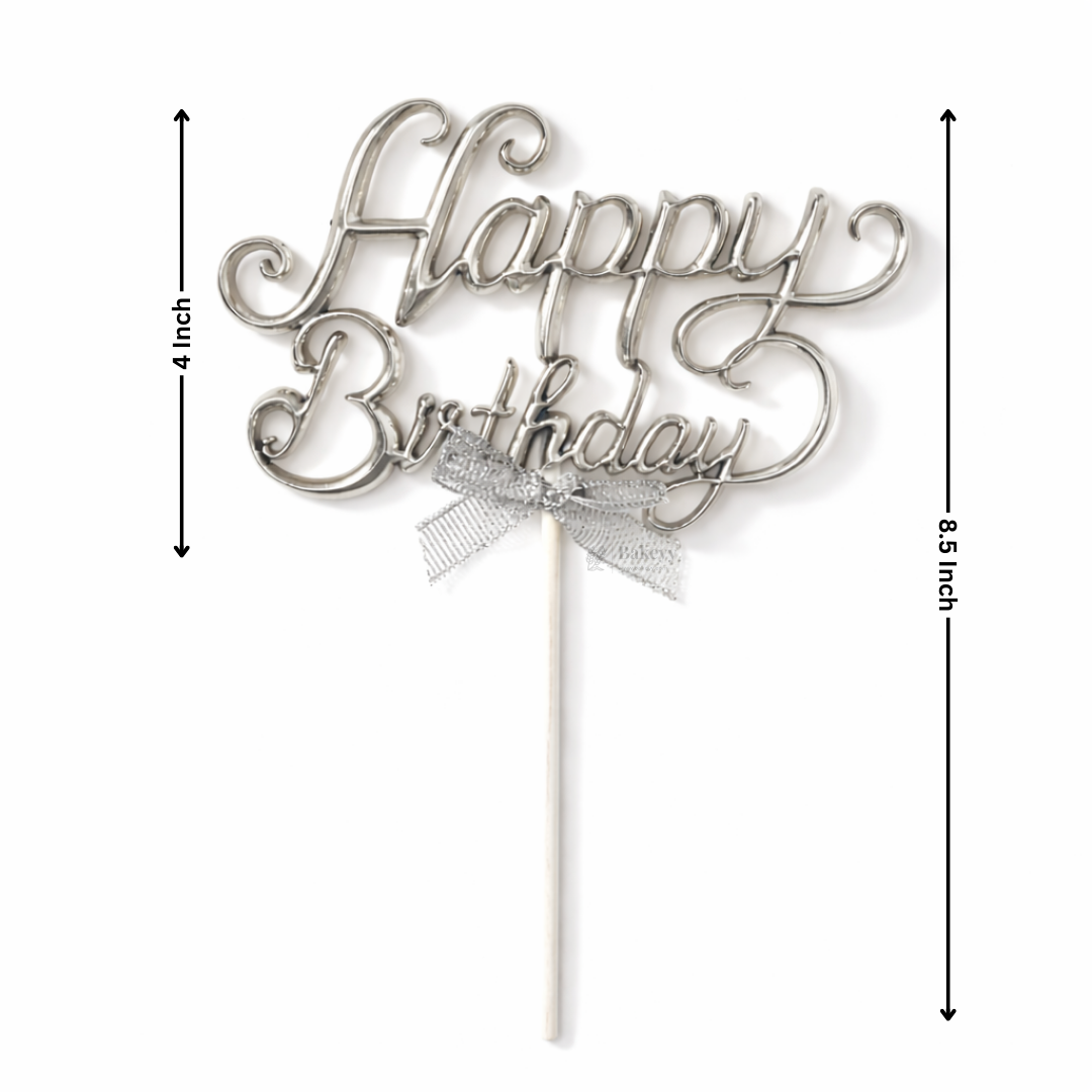 8.5 Inch | Metallic Silver Happy Birthday Cake Topper with Ribbon | Metallic Silver | 1 Piece
