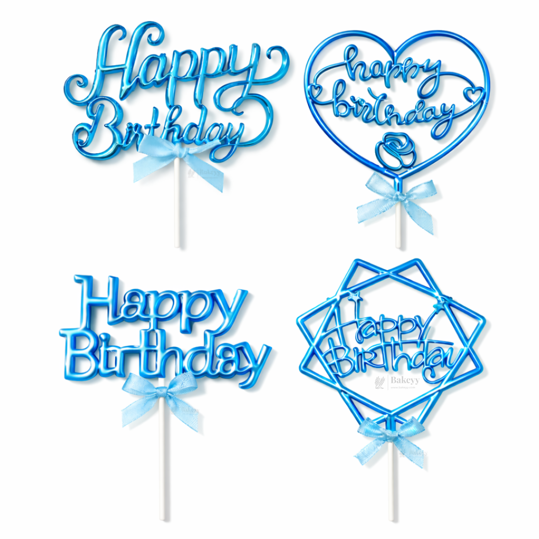 8.5 Inch | Metallic Blue Happy Birthday Cake Topper with Ribbon | Metallic Blue | 1 Piece