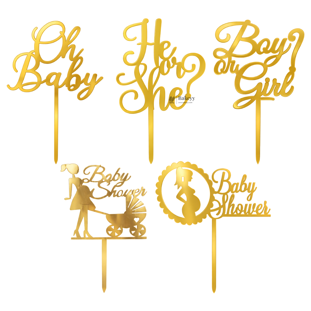 4 Inch Gold Acrylic Baby Shower Cake Topper | Oh Baby, Mom To Be & Baby Shower Designs | Pack of 5