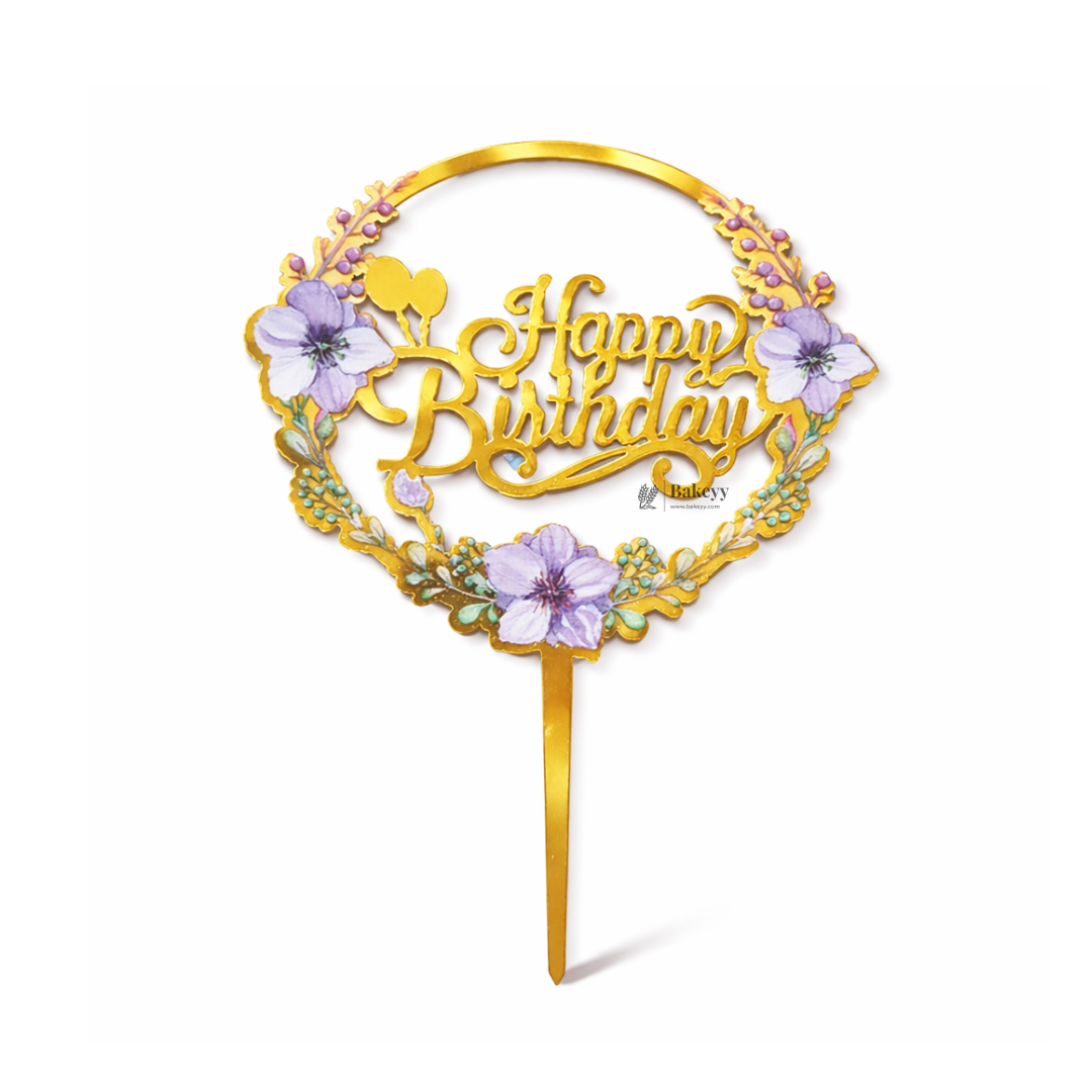 6 Inch Gold Floral Happy Birthday Cake Topper | Elegant Celebration Cake Décor | Pack of 5