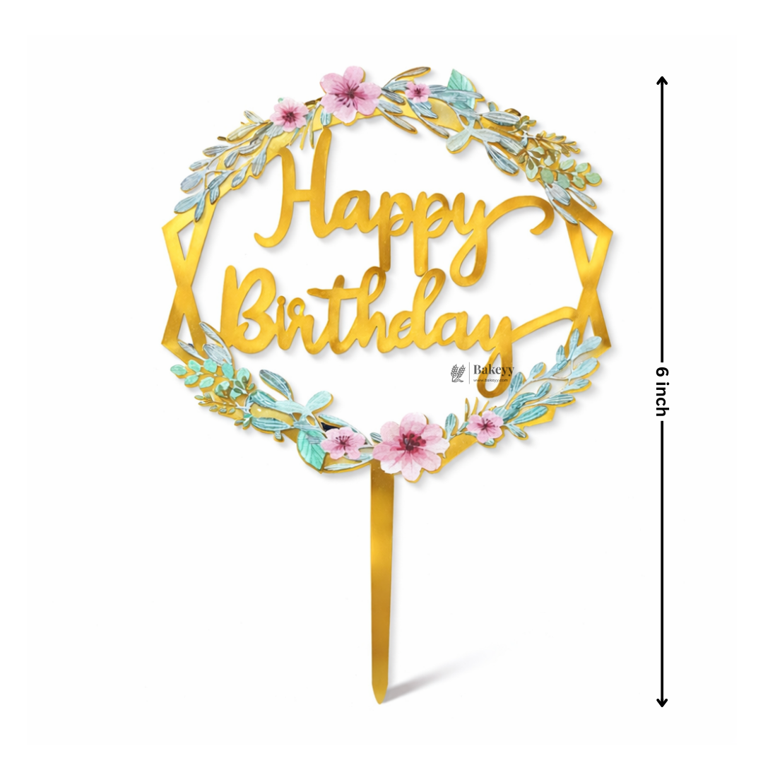 6 Inch Gold Floral Happy Birthday Cake Topper | Elegant Celebration Cake Décor | Pack of 5