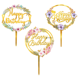 6 Inch Gold Floral Happy Birthday Cake Topper | Elegant Celebration Cake Décor | Pack of 5