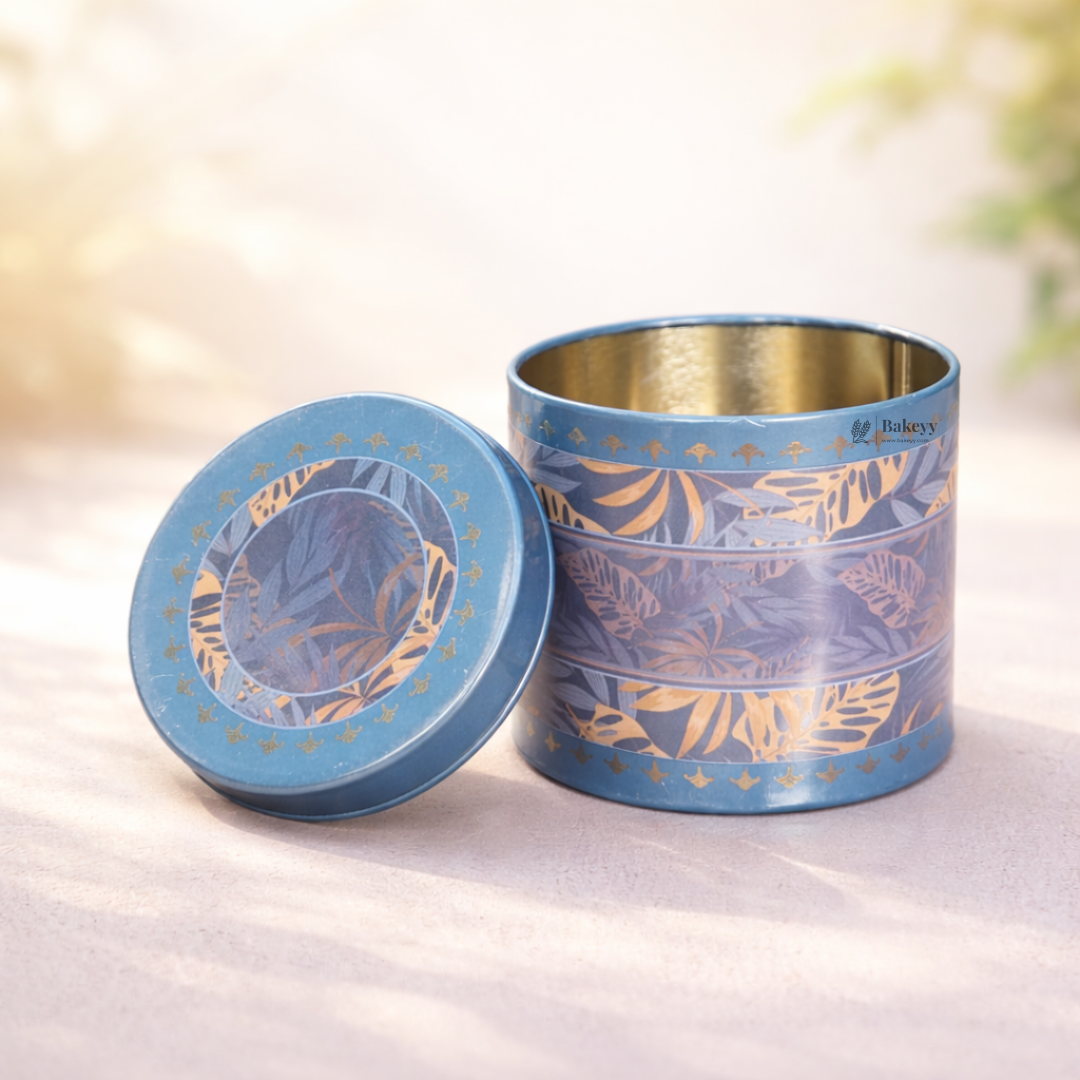 Premium Blue & Gold Finish Decorative Round Tin Box with Lid | 1 Piece
