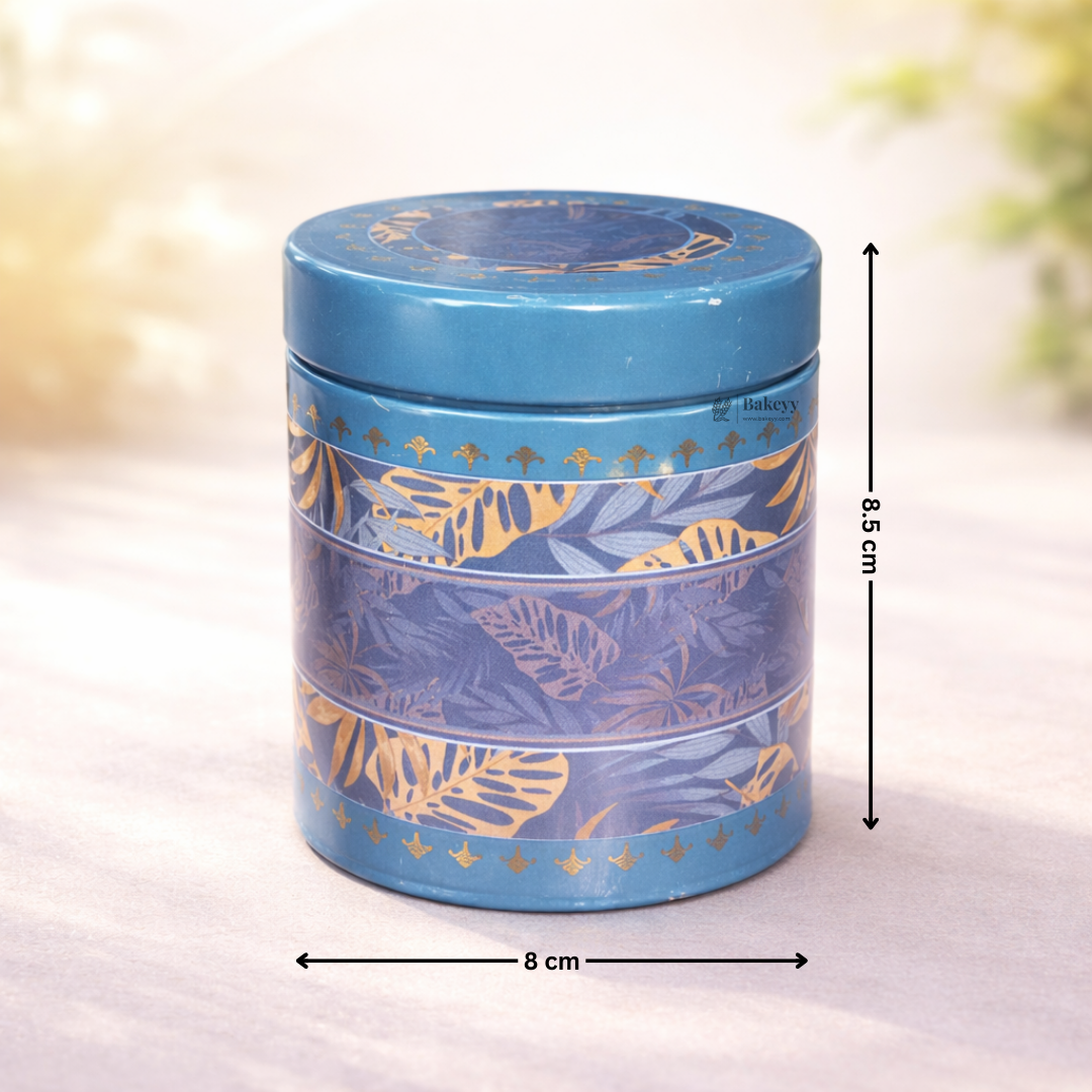 Premium Blue & Gold Finish Decorative Round Tin Box with Lid | 1 Piece