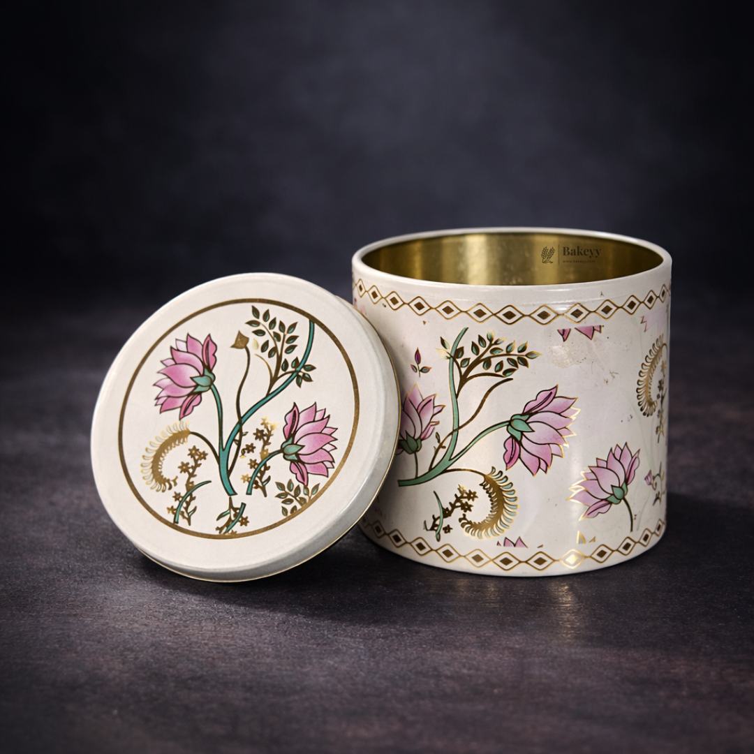 Floral Round Metal Tin Box with Lid | 1 Piece