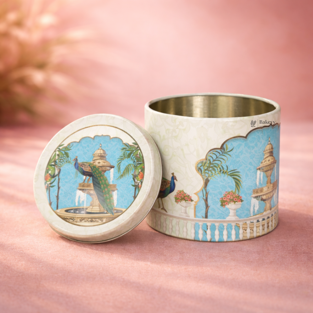 Peacock Garden Print Round Metal Tin Box with Lid | 1 Piece