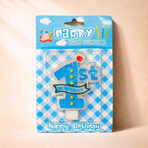 Bakeyy blue glitter 1st birthday cake candle in party packaging for baking supplies