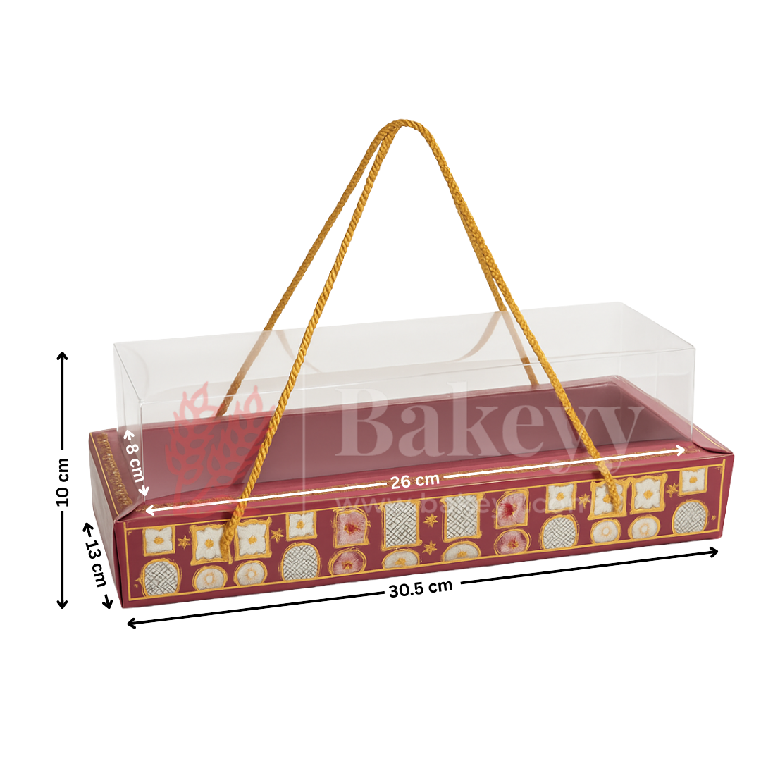 Bakery box with clear lid and decorative design, featuring dimensions on a white background.