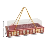 Bakery box with clear lid and decorative design, featuring dimensions on a white background.
