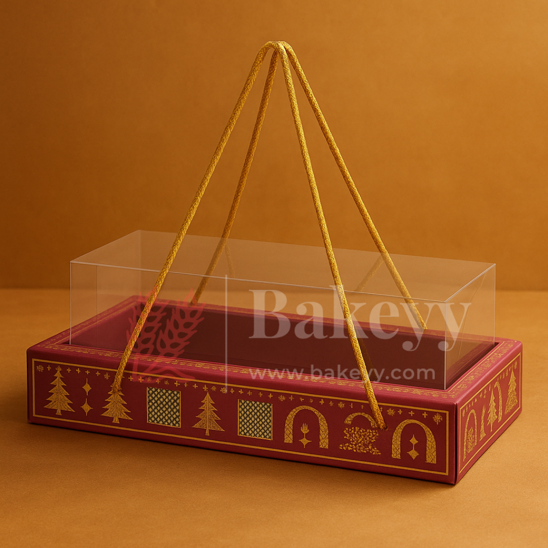 30.5x13x10cm | Maroon Floral Gift Box with Transparent Lid & Golden Rope Handle – Empty Hamper Packaging Box  | Pack of 10