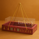 30.5x13x10cm | Maroon Floral Gift Box with Transparent Lid & Golden Rope Handle – Empty Hamper Packaging Box  | Pack of 10