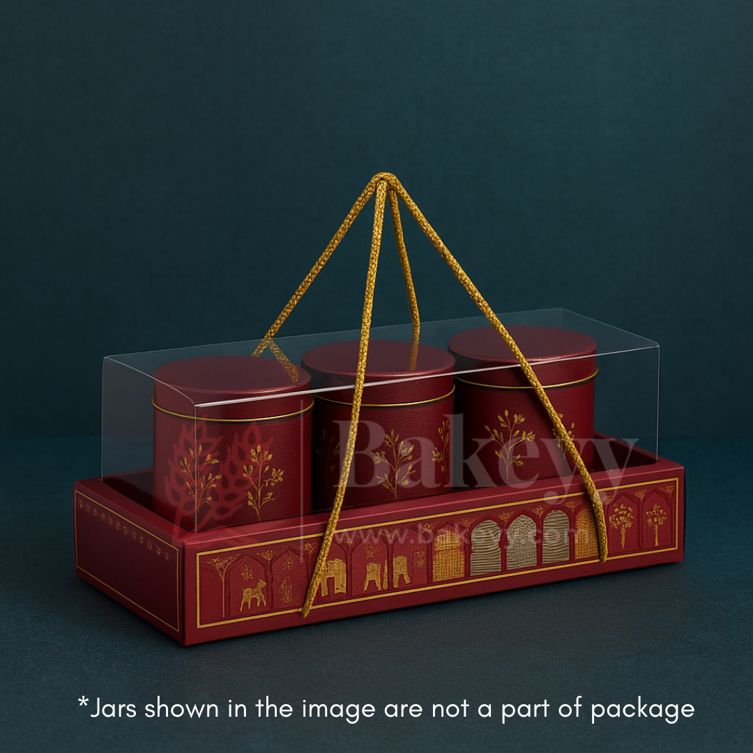 30.5x13x10cm | Maroon Floral Gift Box with Transparent Lid & Golden Rope Handle – Empty Hamper Packaging Box  | Pack of 10