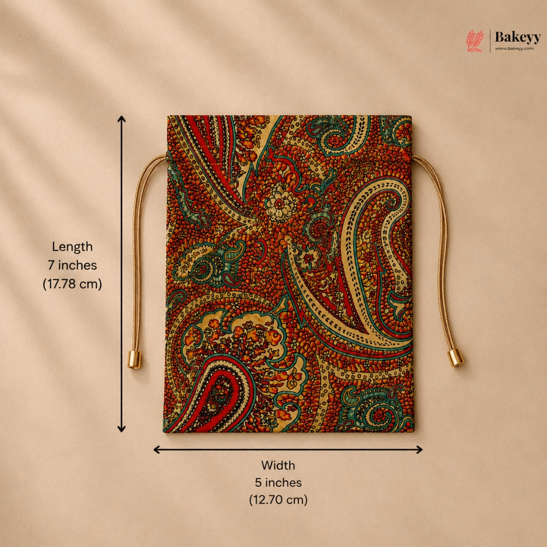Drawstring bag with paisley pattern and measurements on a beige background