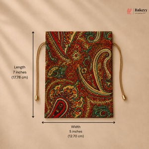 Drawstring bag with paisley pattern and measurements on a beige background