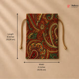 Decorative pouch with paisley pattern and drawstrings, shown with measurements on a beige background.