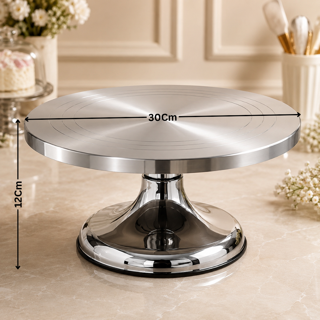 Chromed cake stand with measurements on a neutral background