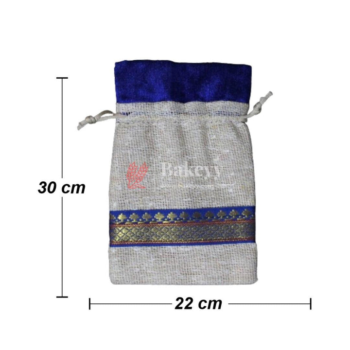 9x12 Inch | Jute Gift Bag with Royal Blue Trim | Drawstring Bags - Bakeyy.com