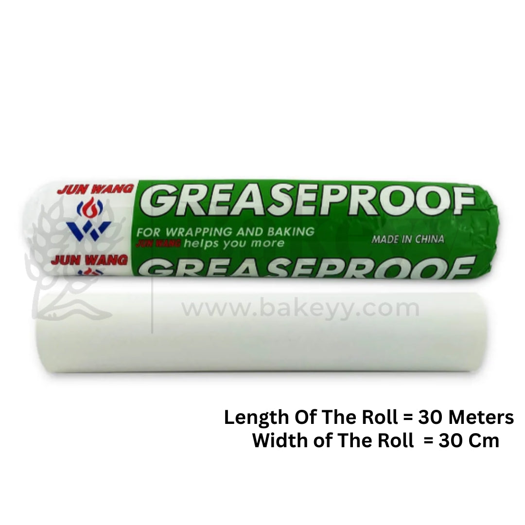 Roll of greaseproof paper with branding and product details on a white background
