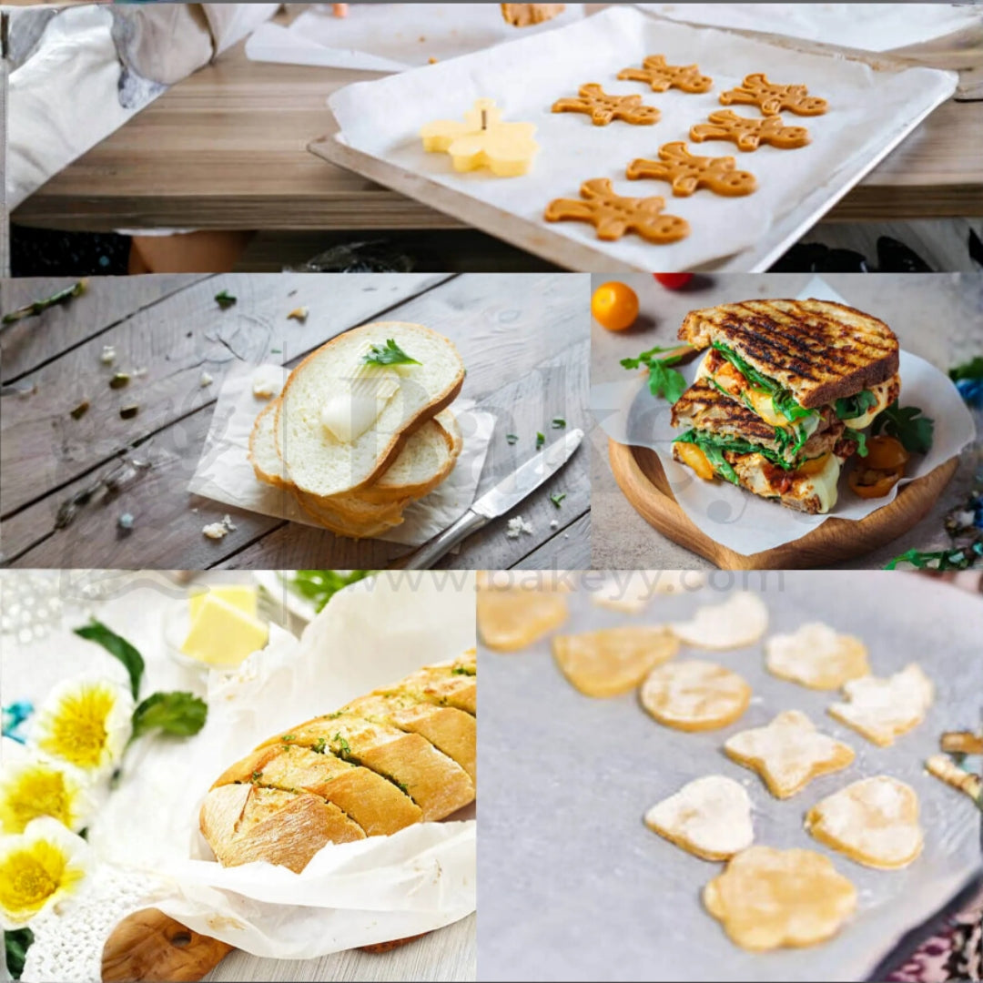 Collage of various food items including sandwiches, bread rolls, and cookies on a wooden table.